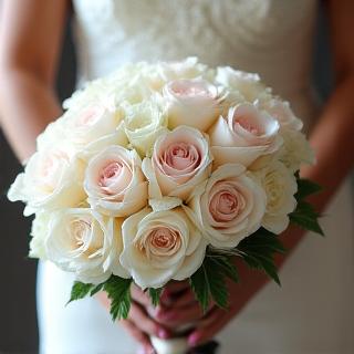 A beautiful bridal bouquet with white and blush roses.